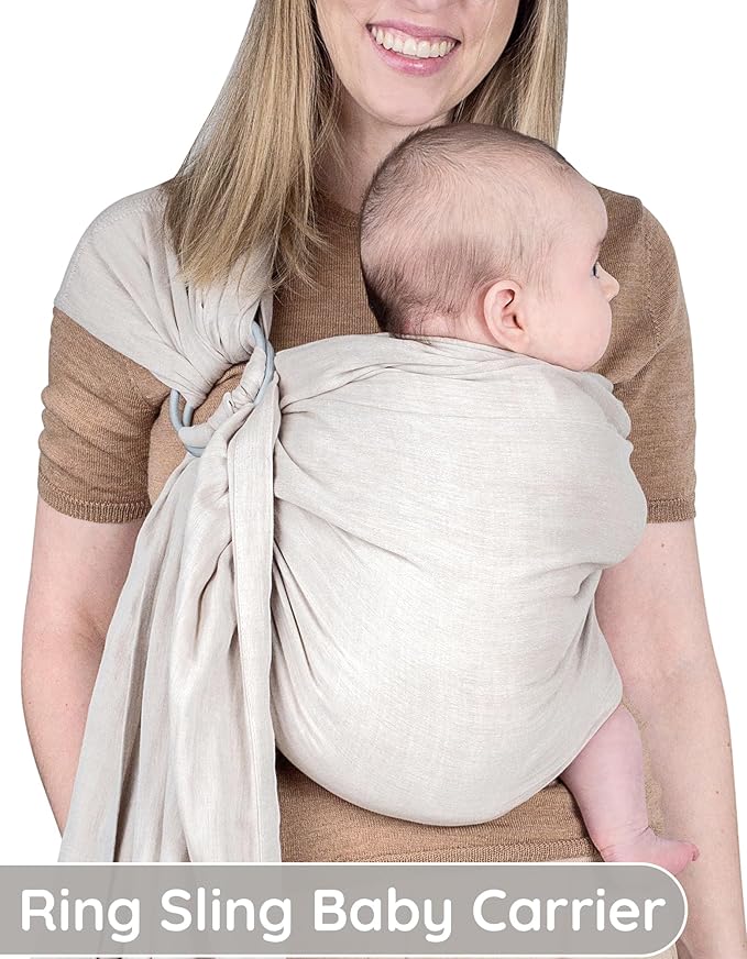 Lightweight - 100% Cotton Muslin Ring Sling Baby Carrier Newborn, Toddler, Infant Holder – Adjustable, Breathable, Beige Baby Sling Carrier