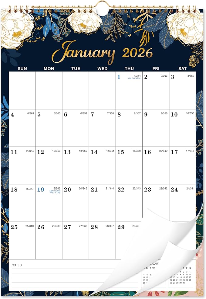 Calendar 2026 - Wall Calendar 2026, 12 x 17 In, Jan. 2026 - Dec. 2026, 12 Months Calendar 2026, Twin-Wire Binding, Hanging Hook, Thick Paper, Unruled Blocks, Julian Dates
