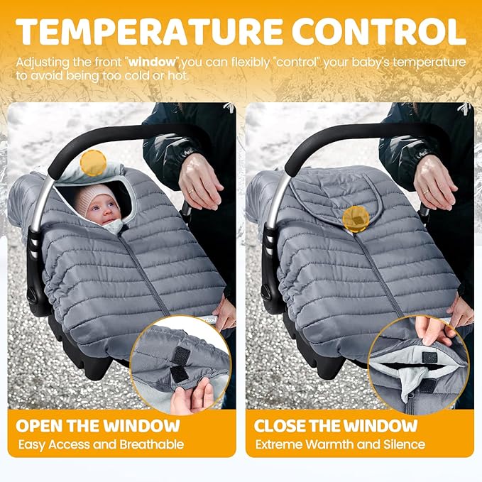 Orzbow Winter Car Seat Cover - Baby Car Seat Cocoon Cover for Boys & Girls, Warm Carseat Canopy Cover to Protect Baby from Wind, Rain & Snow, Waterproof, Universal Fit for Infant Car Seat, Grey
