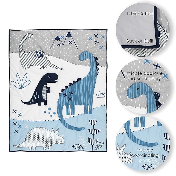 Lambs & Ivy Baby Dino Blue/White Dinosaur Nursery 6-Piece Crib Bedding Set