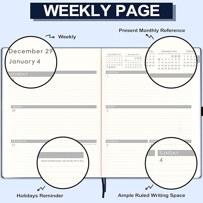 2026 Planner - Weekly and Monthly Planner 2026, JAN 2026 - DEC 2026, 8.5" x 11", Leather Cover 2026 Planners with Thick Paper, Back Pocket with Notes Pages - Blue