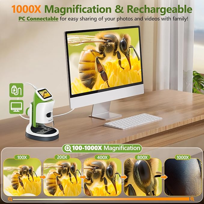 Detachable Kids Handheld Microscope Miniscope - 4K 2.0" HD Screen, 1000X Digital Pocket Toy Microscopes for Boys & Girls Ages 4-12 - Portable Science Stem Kit with Slides Set, 32G Card & EVA Case