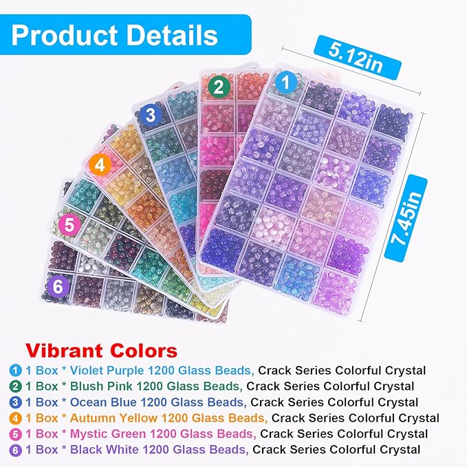 XSEINO About 7200pcs 144 Colors 6mm Crackle Glass Beads Bracelet Making Kit,6Box Different Style Crack Series Colorful Crystal Beads for Bracelet Jewelry Making,DIY Crafts,Friendship Bracelets