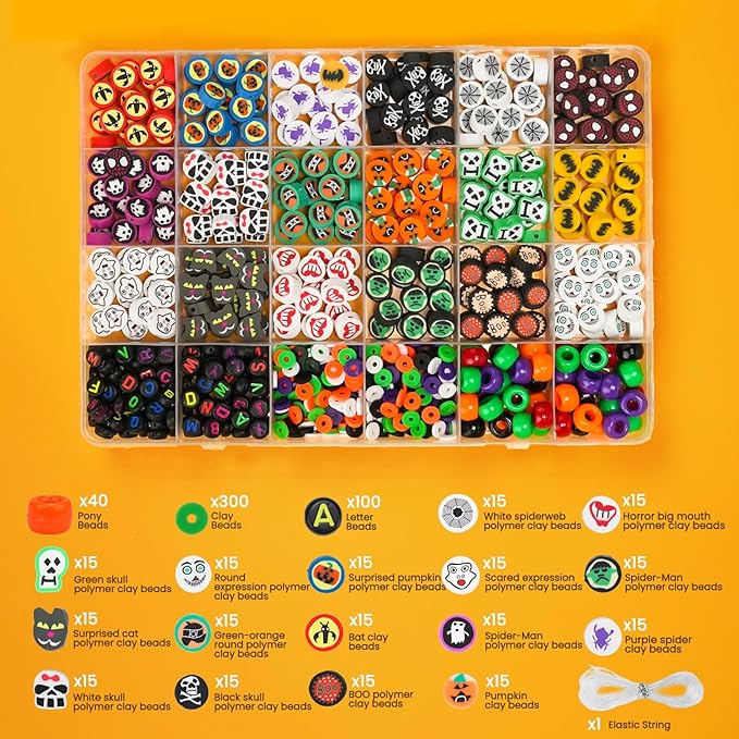 Gionlion 700Pcs Halloween Polymer Clay Beads Bracelet Making Kit, Pumpkins Skulls Ghosts Spiders Bats Pony Letter Beads for Halloween Party Favors, Toys Gifts for 4+ Year Old Kids
