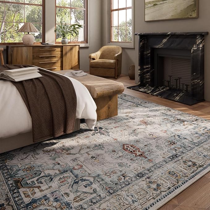 10x14 Area Rugs for Living Room: Washable Bedroom Rug Boho Vintage Rugs Stain Resistant Non Slip Low Pile Soft Lightweight Carpet for Kitchen Dining Room Farmhouse Nursery Kids Room Home Office