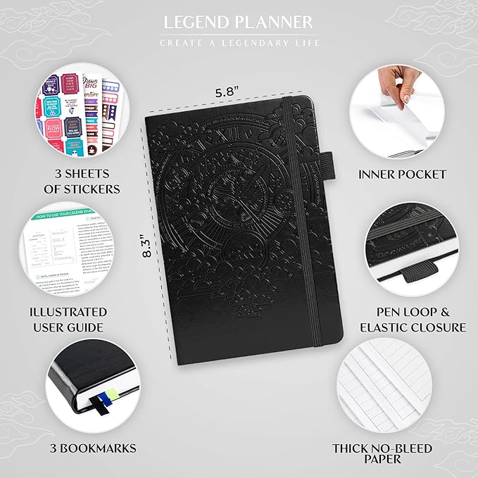 Legend Planner Daily for 3 Months – Undated Monthly Weekly & Daily Planner to Hit Goals. Organizer & Productivity Journal, A5 (Black)