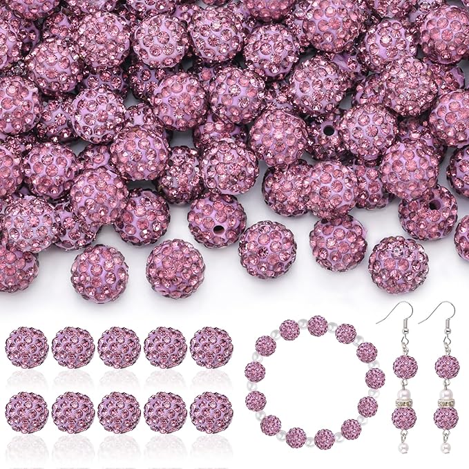 200pcs 10mm Rhinestone Beads for Jewelry Making, Light Purple Shiny Round Disco Beads Bulk, Sparkle Crystal Clay Christmas for Bracelet Baseball Necklace Earring Crafting and DIY