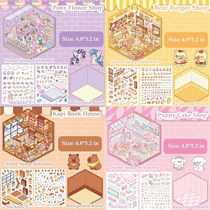 4 Sets DIY 3D House Sticker Make Your Own Mini Flower Shop, Bookstore, Cake Shop, Burger Shop Scenes Stickers for Kids Cartoon Scene Stickers for Adult Relief Stress Pass The Time