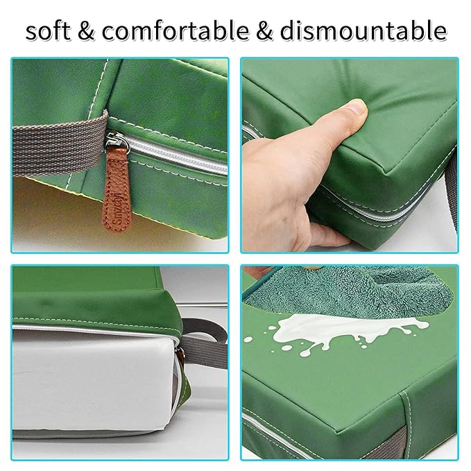 Toddler Booster Seat for Dining Table, PU Washable Double Safe Straps Non-Slip Bottom Booster Seat Dining Toddler, Portable Travel Increasing Cushion (Dark Green)