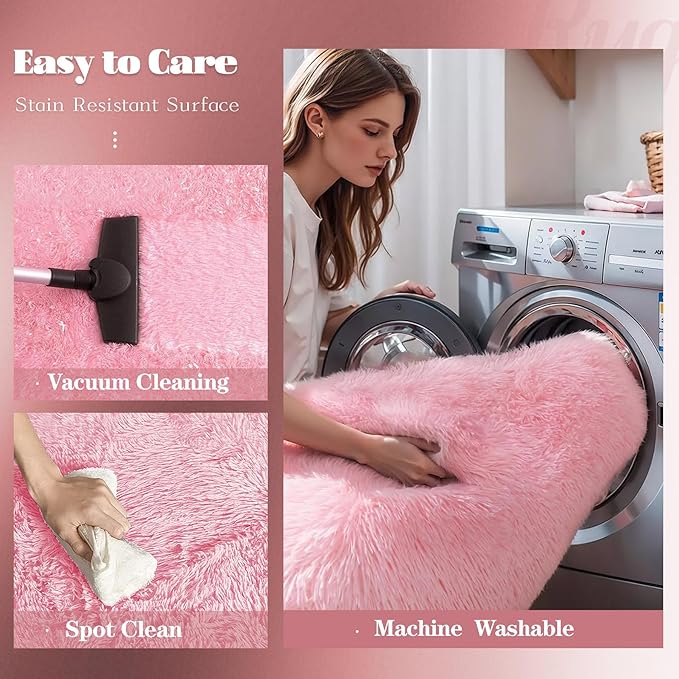 2x6 Runner Rug for Bedroom: Fluffy Shag Soft Washable Rugs Small Fuzzy Plush Indoor Carpet for Hallway Bedside Dorm Kids Girls Boys Room (Pink, 2'x6')
