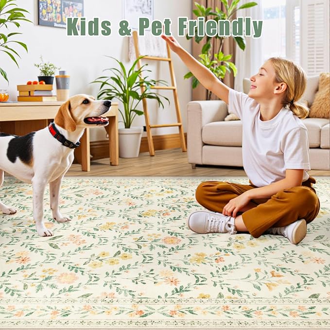 10x14 Area Rugs for Living Room: Floral Washable Rug Vintage Large Soft Boho Non-Slip Carpet Stain Resistant Low Pile Carpets for Bedroom Dining Room Farmhouse Nursery Hallway Home Office Beige/Multi