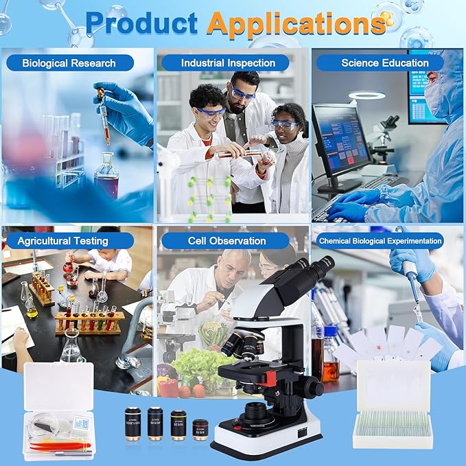 40X-2500X Binocular Microscope, WF10x and WF25x Eyepieces, LED Illumination, with Specimen Handpiece Holder, for Beginners, Microscope for Adults