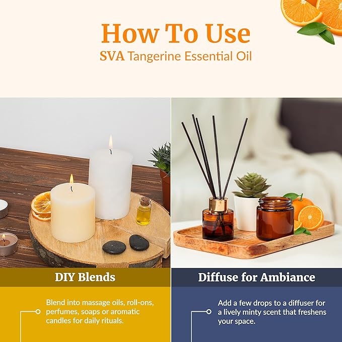 SVA Tangerine Essential Oil – 4 Fl Oz – 100% Natural Tangerine Oil - for Diffuser, Hair Care, Face, Skin Care, Aromatherapy, Scalp and Body Massage, Soap and Candle Making – with Dropper