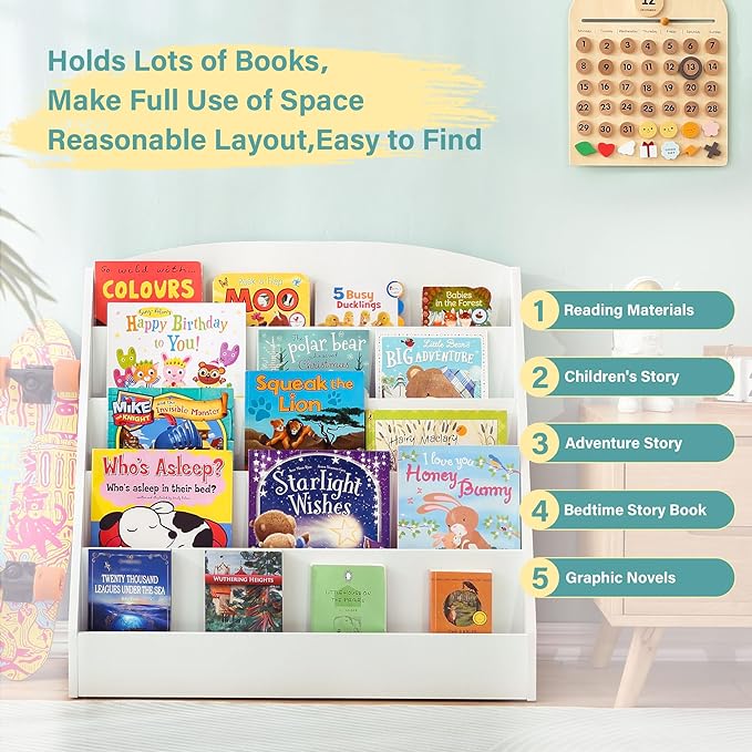 TOETOL 5-Tier Kids Bookshelf - Toddler Book Display Shelves for Classrooms, Playrooms, and Nursery - Wooden Children Book Rack (White)