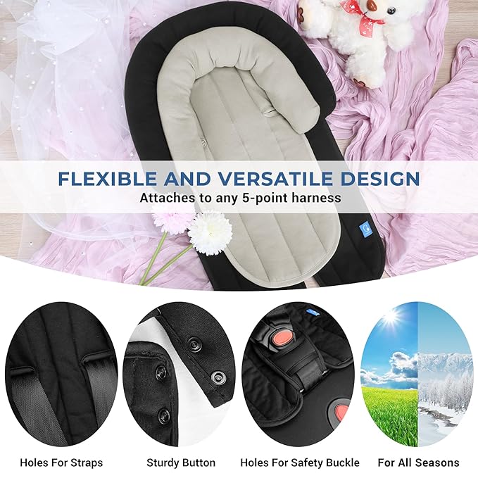 COOLBEBE Upgraded Babybody Support & Strap Covers Set for Newborn Infant Toddler - Extra Soft Breathable Car Seat Insert Cushion Pad, Perfect for Carseats, Strollers, Swing, Black