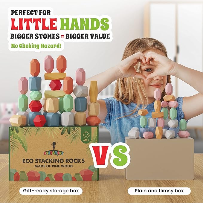 36 Pcs Wooden Stacking Blocks – Montessori Toys for 1 2 3 4 5 6 Year Old Toddlers and Kids, XL Rocks, No Choking Hazard – Sensory STEM Building Stones, for Girls and Boys