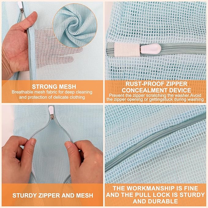 4 Piece Blue Small, Durable Organic Cotton Mesh Laundry Bag with Strong Zipper and Breathable Mesh, Delicate Laundry Bag for Underwear, Clothes, Pants and Socks