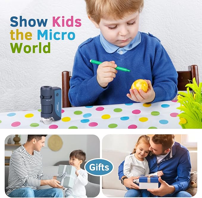 Pocket Microscope, 60x-120x Handheld Mini Microscope Kids with LED Lights, 5 Slides Specimens, BEBANG Portable Microscope for Kids Student Adults Microbiological Observation Lab Study, Educational Kit