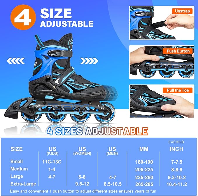 2PM SPORTS Vinal Girls Adjustable Flashing Inline Skates, All Wheels Light Up, Fun Illuminating Skates for Kids Men Adult Women and Boys