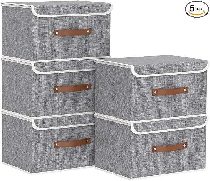 Yawinhe Collapsible Storage Boxes, Foldable Bin with Lids, Cube Clothes Organizer Basket with Handles, Grey, 13.0''Lx9.0''Wx7.9''H, 5-Pack, SNK024GS-5