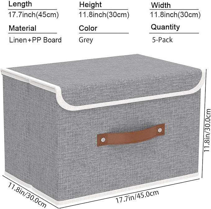 Yawinhe Storage Bins with Lids, Closet Baskets, Washable and Leather Handle, Collapsible Boxes for Home, Grey, 17.7''Lx11.8''Wx11.8''H, 5-Pack, USNK024GX-5