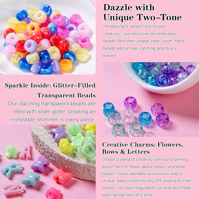 5 Boxes Bracelet Making Kit Pony Beads, 6x9mm Kandi Rave Beads & Hair Beads Set with UV Color Changing, Glow-in-Dark, Chrome & Alphabet Letters for Friendship Jewelry DIY Crafts