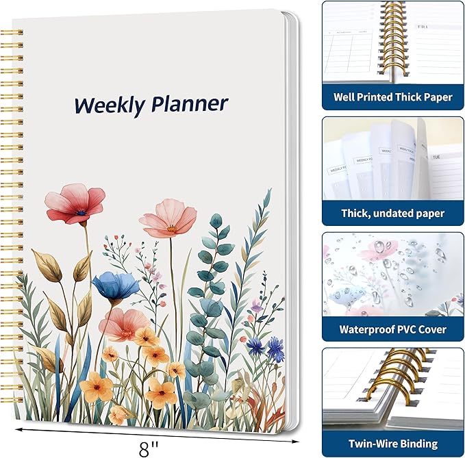 Undated Weekly Planner, Weekly To Do List Notebook with Goal & Habit Tracker Organizer, A5 5.8" x 8.0" Weekly Planner Notebook with Spiral Binding for Men or Women