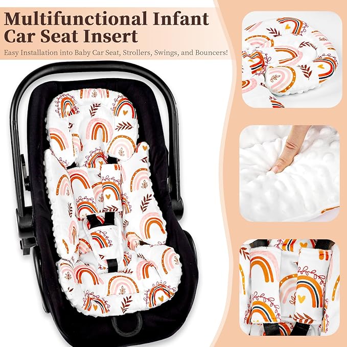 Pea Pod Infant Car Seat Insert with 3 Strap Covers, 3 in 1 Reversible Rainbow Baby Car Seat Head Support for Newborn, 3D Soft Minky Carseat Cushion for Preemie to Infant, Stroller, Swing, Bouncer