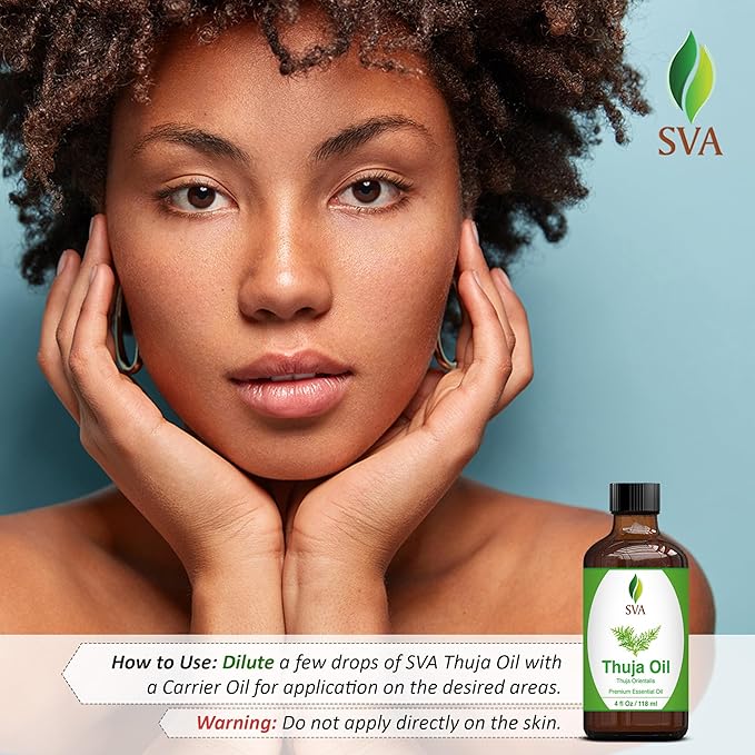 SVA Thuja Essential Oil – 4 Fl Oz – 100% Natural Thuja Oil - for Diffuser, Hair Care, Face, Skin Care, Aromatherapy, Scalp and Body Massage, Soap and Candle Making – with Dropper
