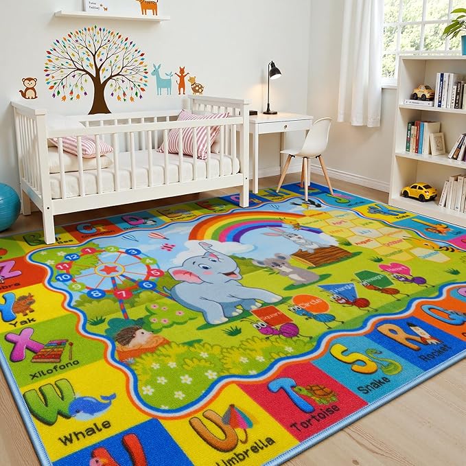 STARUIA ABC Rug for Kids Playroom, Classroom Floor Play Mat for Kids, Preschool Educational Rug for Learning Alphabet Animals Numbers Months, ABC Carpet Play Rug for Nursery Kid Room Decor (63"x78")