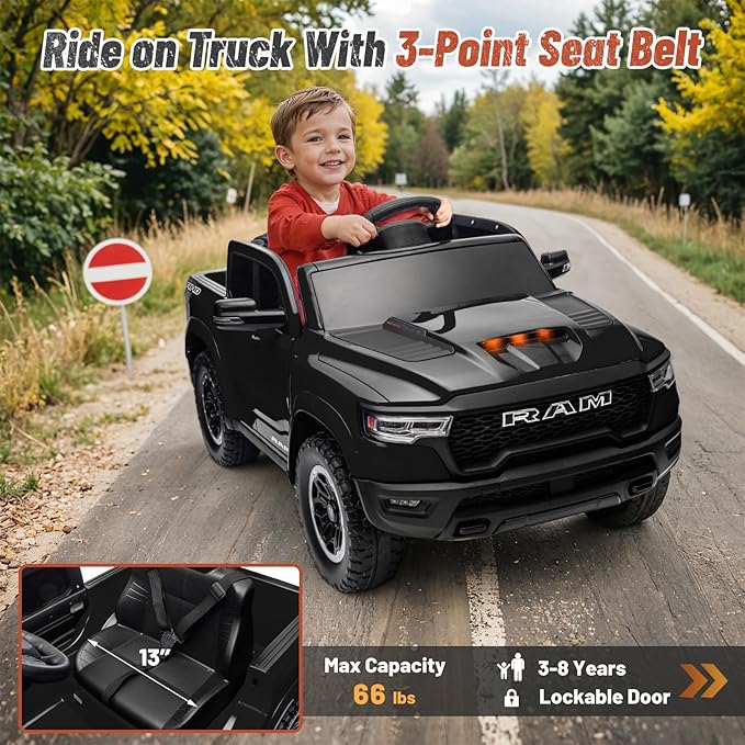Licensed Ram 1500 Ride on Toys for Kids 4-8, Ride-on Electric Car for Kids with Remote Control, Battery Powered with Car Key/Gear Selector, LED Light/Music/MP3, Back Storage (Black)