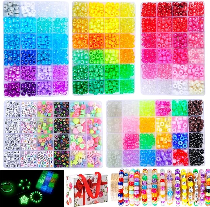 5 Boxes Bracelet Making Kit Pony Beads, 6x9mm Kandi Rave Beads & Hair Beads Set with UV Color Changing, Glow-in-Dark, Chrome & Alphabet Letters for Friendship Jewelry DIY Crafts