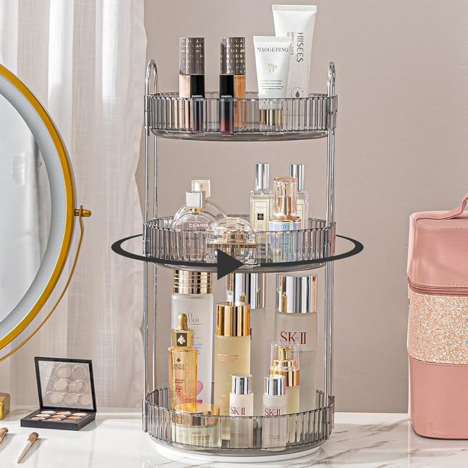 Rotating Makeup Organizer for Vanity, High-Capacity Skincare Clear Make Up Storage Perfume Organizers Cosmetic Dresser Organizer Countertop 360 Spinning (Gray, 3 Tier)
