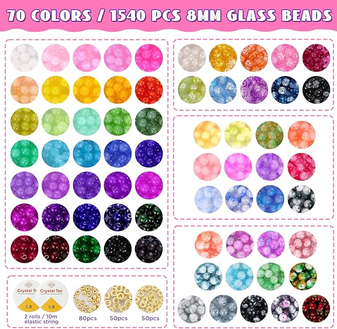 Funtopia 8mm Glass Beads Bracelet Making Kit, 1540pcs 70 Colors Crystal Beads for Jewelry Making, Round Glass Beads for Bracelets and DIY Crafts, Solid and Crackle Colors