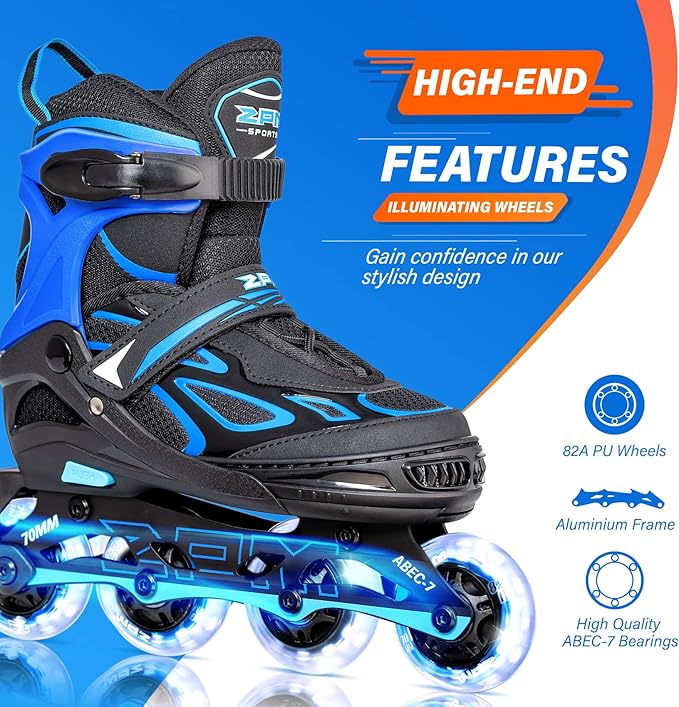 2PM SPORTS Vinal Girls Adjustable Flashing Inline Skates, All Wheels Light Up, Fun Illuminating Skates for Kids Men Adult Women and Boys