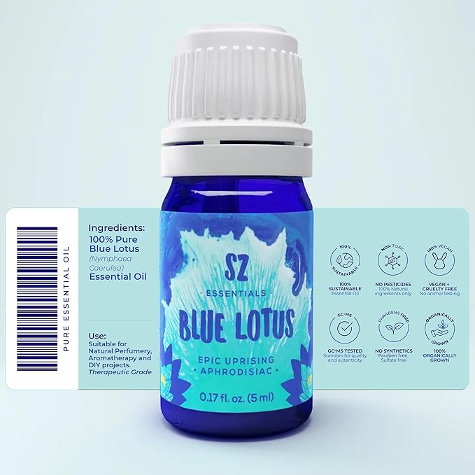 Blue Lotus Essential Oil 100% Pure, Undiluted Oil - Extracted from Nymphaea Caerulea - Rich & Sweet Scent with Fruity Overtones - Therapeutic Grade & Vegan - 0.17oz (5ml)