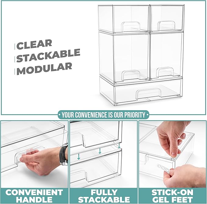 Sorbus Acrylic Storage Containers - 5 Pack, Stackable Storage Bins Set for Bathroom Organization - Clear Acrylic Drawer Organizers - Makeup Case Pull-Out Drawers (7.6’’ and 4.4’’ Tall and 12.1’’ Wide)