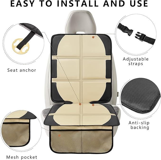 Car Seat Protector for Child Car Seat, 2 Pack Baby Car Seat Covers with Mesh Pockets & Non-Slip Backing 600D Durable Seat Protector Under Baby Car Seat for Car Back Seat (Beige, Large)