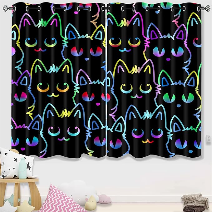 Cat Curtain Panels for Girls - 2Pcs Cat Blackout Curtains for Girls Bedroom, 82" W x 63" L