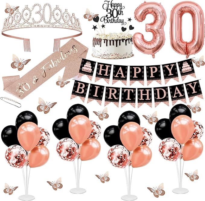 30th Birthday Decorations for Women - 56pcs Rose Gold Happy 30th Banner, 30th Birthday Crown Sash, Cake Topper, Number 30 balloons, 3D Butterflies, 4 Balloon Stands kits
