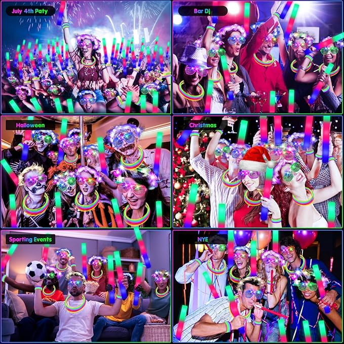 142 PCS Glow in the Dark Party Supplies, 14PCS Foam Glow Sticks, 14PCS Light Up Headband,14PCS LED Glasses and 100PCS Glow Sticks Bracelets,for Glow Party, New Year, Wedding, Concert, Birthday