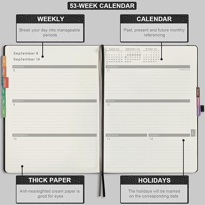 Planner 2025-2026 - JUL 2025 - JUN 2026, Planner Weekly and Monthly, Academic Planner 2025-2026, 8.5" x 11", Leather Cover Planners with Thick Paper, Back Pocket with Notes Pages, Black