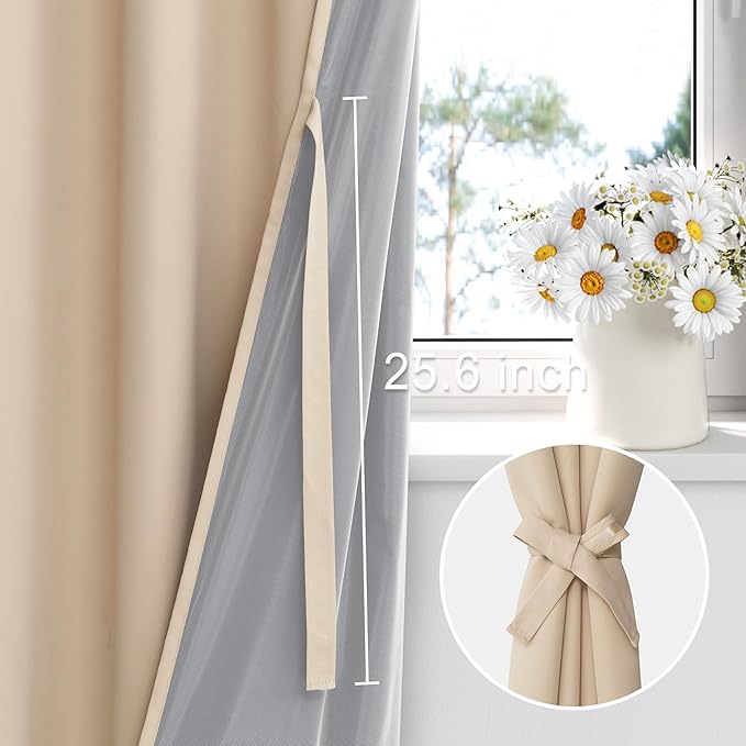 XWZO 100% Blackout Curtains 84 Inches Length with Tiebacks, Light Blocking Rod Pocket Window Drapes with Black Liner Backing for Bedroom/Kid's Room, Biscotti Beige, W70 x L84, Set of 2