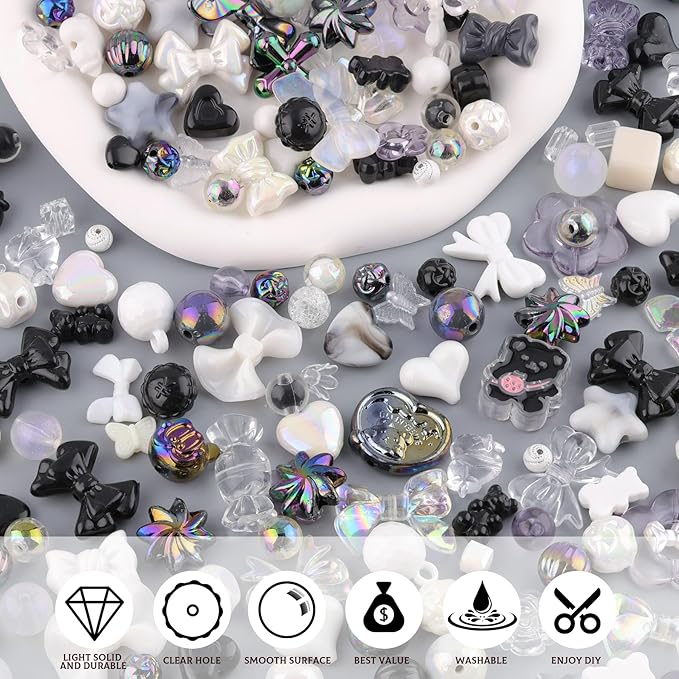 Assorted 170-230PCS Black Acrylic Beads for Bracelet Making, Flower Bow Butterfly Candy GummyBear Aesthetic Bracelet Charms,Cute Beads for Jewelry Making DIY Necklace Keychain Phone Charm