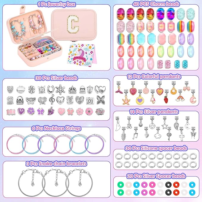 140 PCS Charm Bracelet Making Kit for Girls Age 8-12 Charm Beads for Kids Jewelry Making DIY Bracelet Craft Kit for Girls Valentine Christmas Birthday Gifts with Portable Bracelet Box