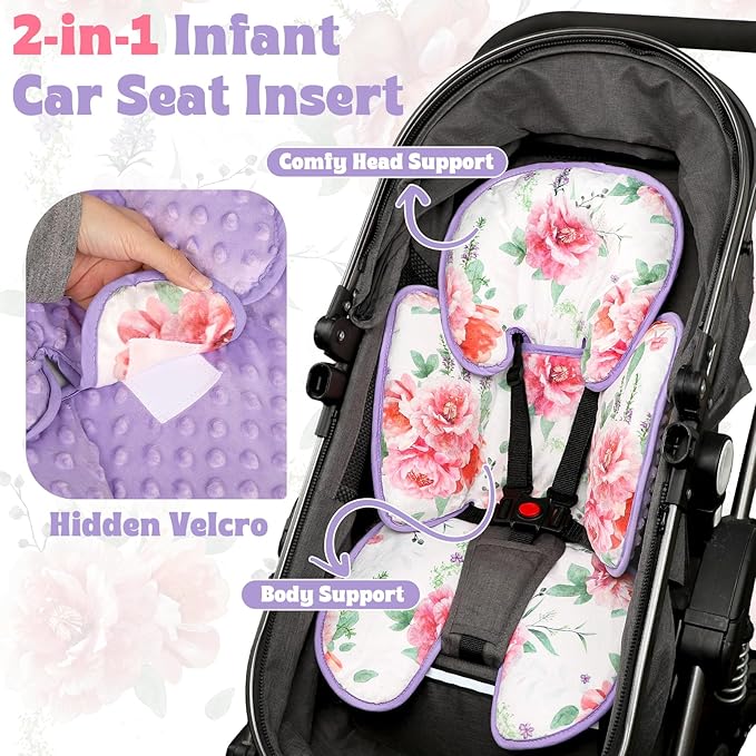 Pea Pod Infant Car Seat Insert 2-in-1 Baby Car Seat Head & Body Support for Newborn Girl Reversible 3 Layer Warm Preemie Carseat Stroller Cushion Headrest with Soft Minky Dot Fabric, Pink Floral