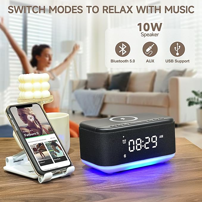 Alarm Clock Speaker Wireless Charger, Digital Alarm Clocks Bedrooms Bluetooth, Alarm Clock Dimmable Light Bedrooms Dual Alarm Snooze Dimmer 12 24H RGB Night Light Bluetooth USB AUX, Black