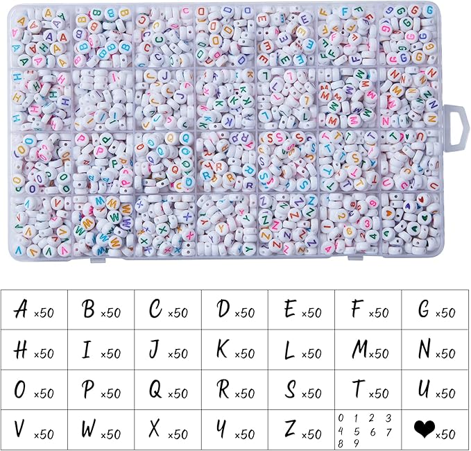 1400pcs Letter Beads, 4x7 mm Acrylic Alphabet Beads, Beads for Jewelry and Bracelet Making, in 28 Grid Box (White and Colorful)