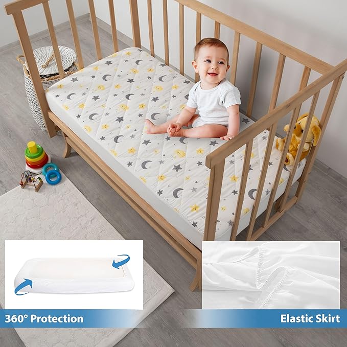 Waterproof Crib Mattress Protector Sheets,%100 Cotton Fabric, Absorbent Crib/Toddler Mattress Protector, Quilted, Certified, Noiseless Machine Wash, Moon&Star Pattern 52"x28" (Small Single, 1, Pack)