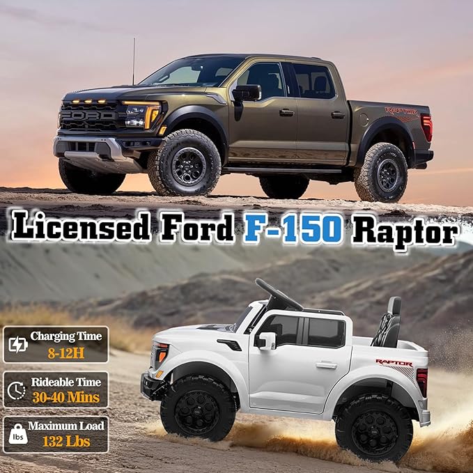12V Ride on Car Licensed Ford F-150 Raptor, Kids Electric Car with Remote Control, LED Light/Music/MP3, Truck Bed Storage, 3-Point Seat Belt (12V, White)